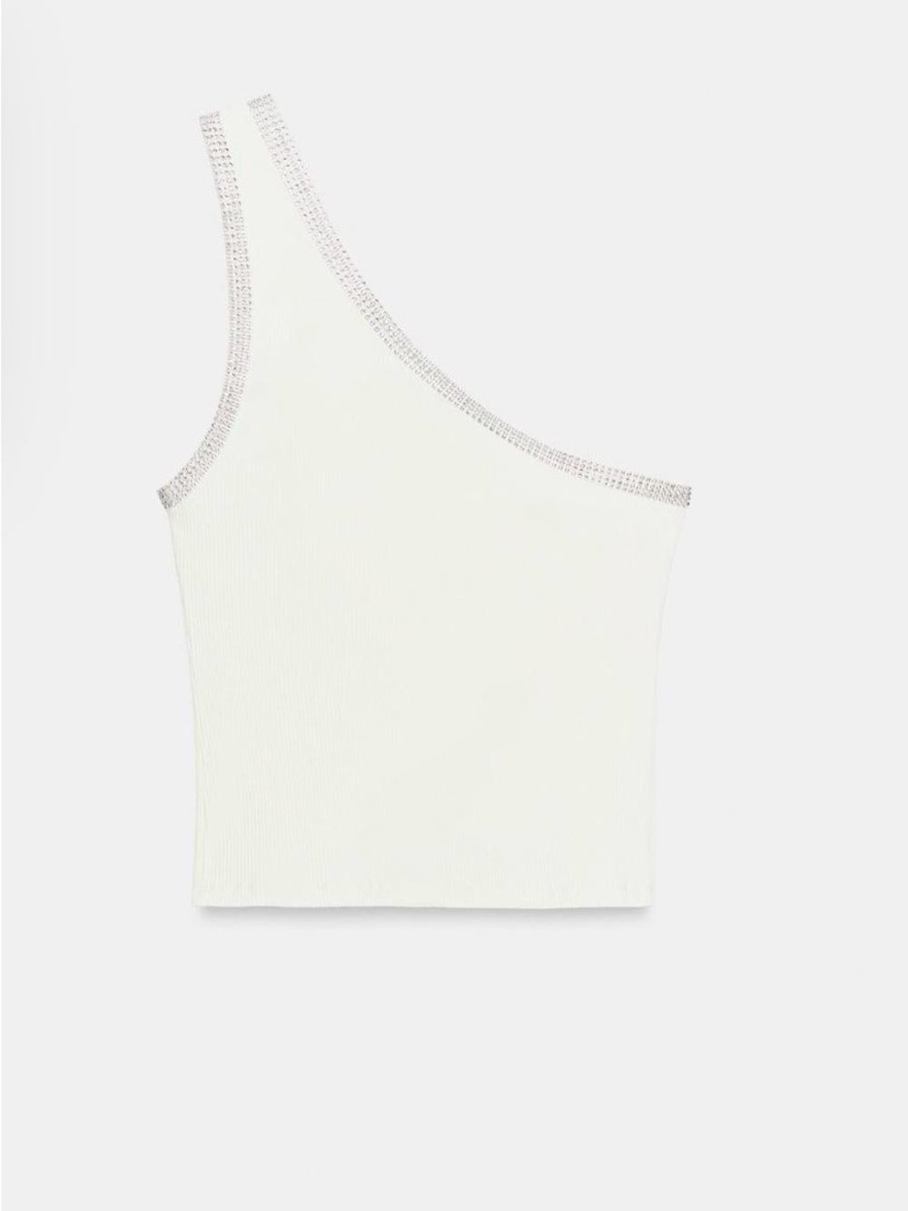 Zara White One-Shoulder Ribbed Tank with Rhinestone Trim - Picture 2 of 3